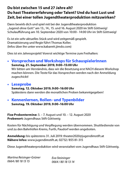 Jugend ohne Gott / Benediktinerstift Göttweig / Jugendhaus Stift Göttweig Jugendtheaterproduktion 2020